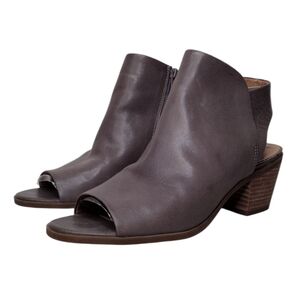 Lucky Brand Baaka Gray Leather Open-Toe Stacked Chunky Heel Ankle Booties Sz 8.5